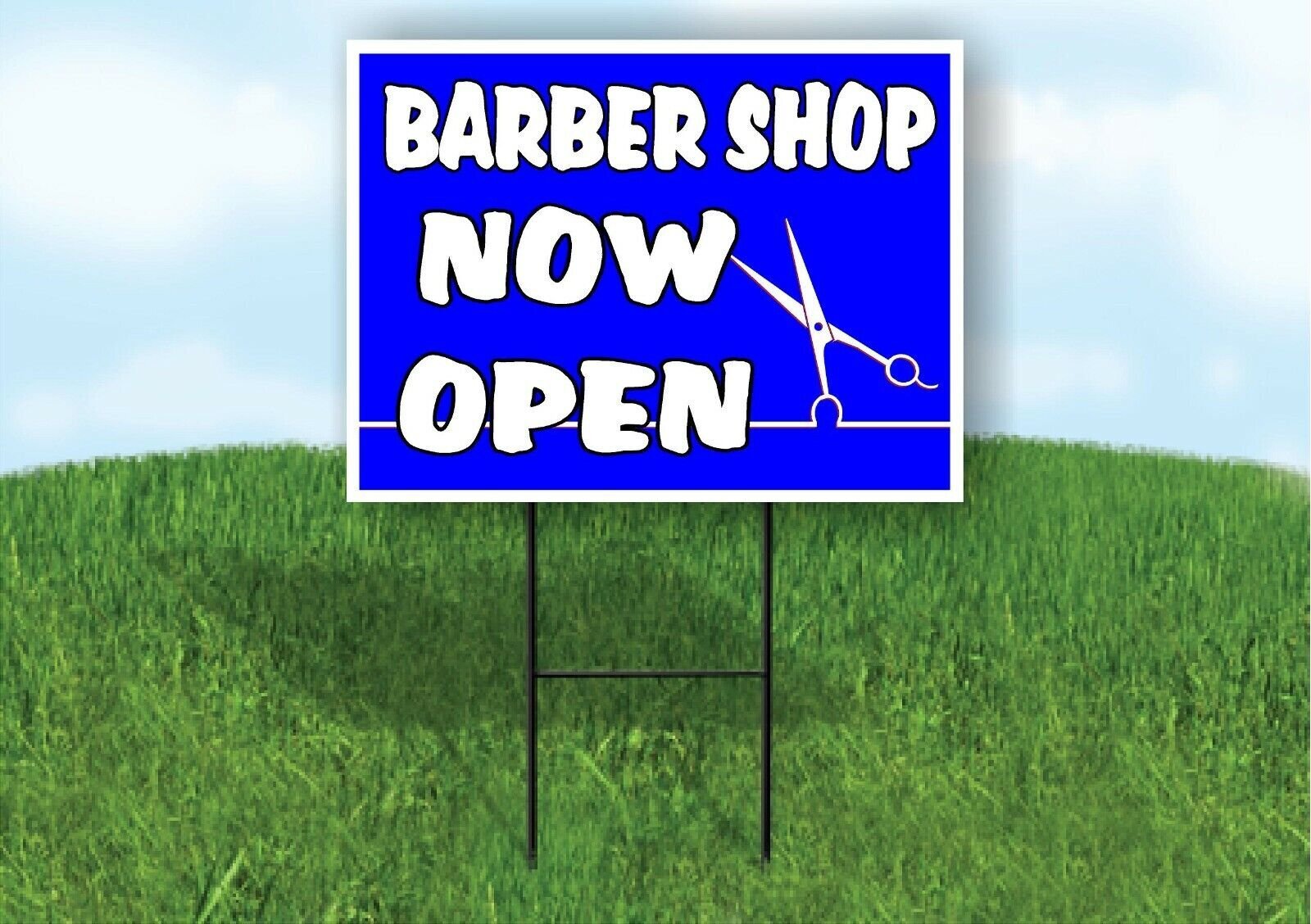 BARBER SHOP NOW OPEN BLUE Plastic Yard Sign ROAD SIGN with Stand