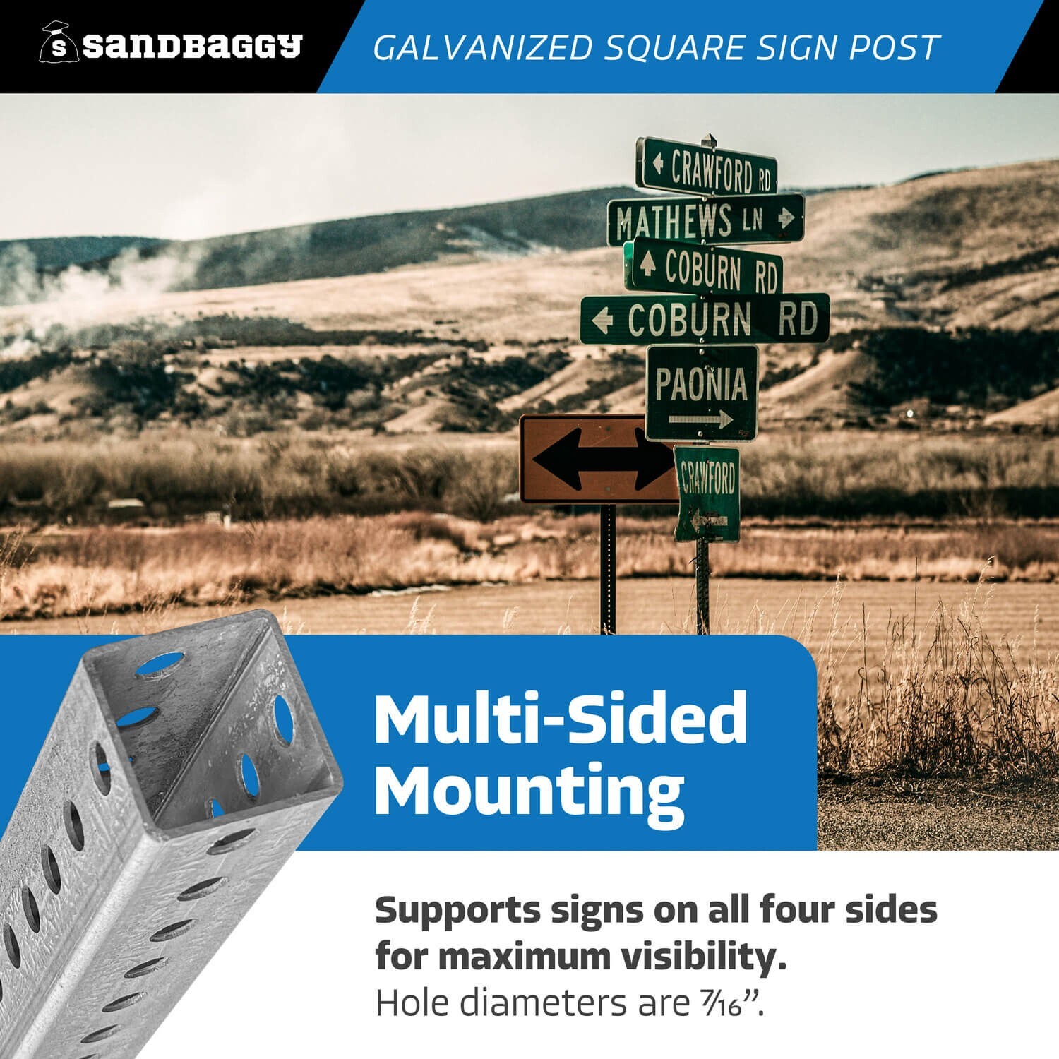 Sandbaggy 6 ft Galvanized Square Sign Post – 1-3/4″ Wide – 7/16” Hole Diameter