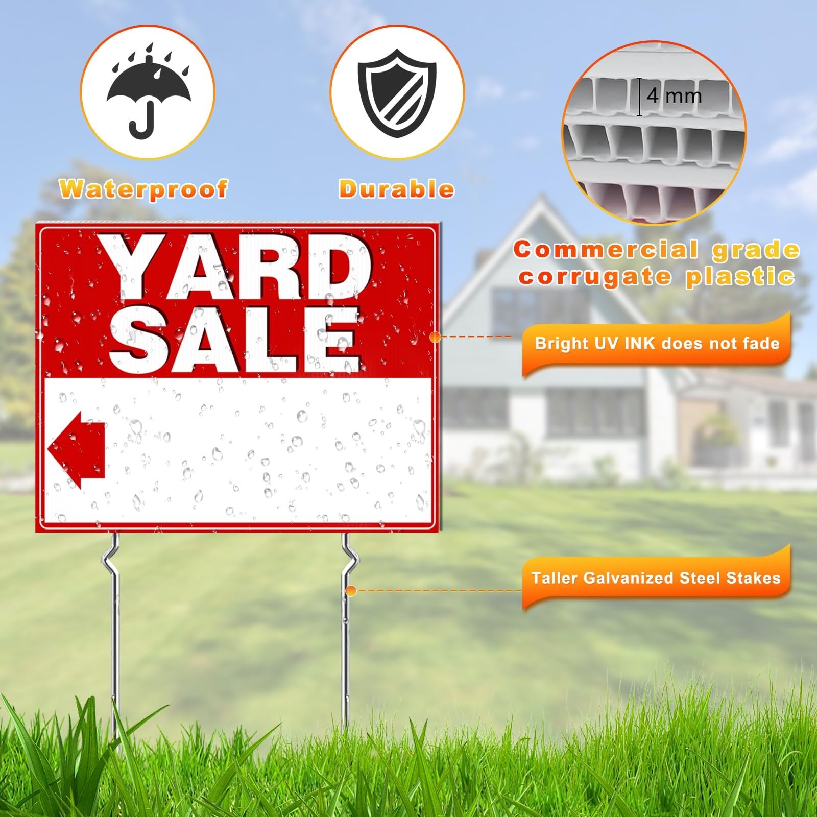 Garage Sale Kit, 3 Large Yard Signs, Directional Arrows, Corrugated Plastic, Red