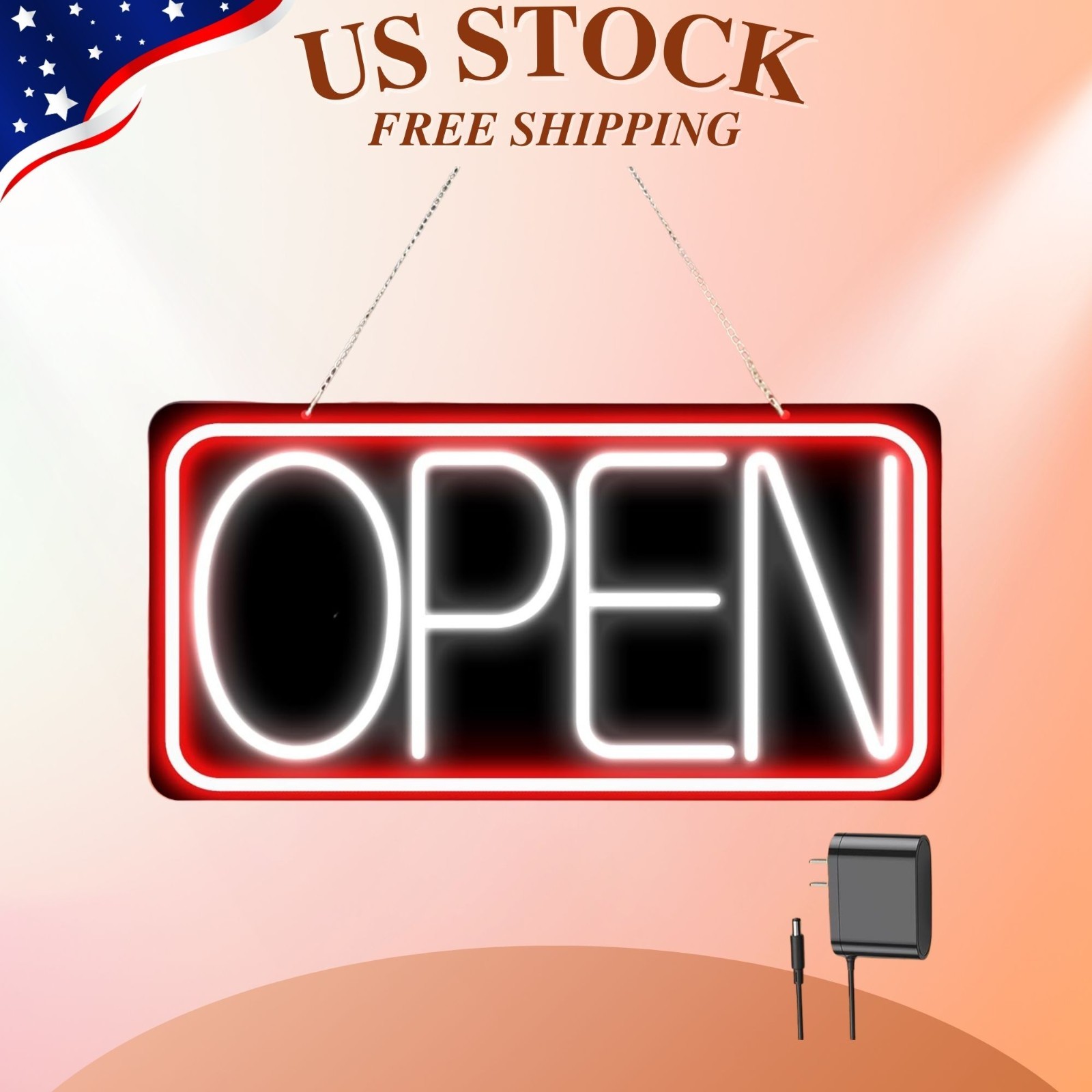 NEW 22×11 LED Neon Open Sign Plug In Light w ON OFF Switch Black Backplate