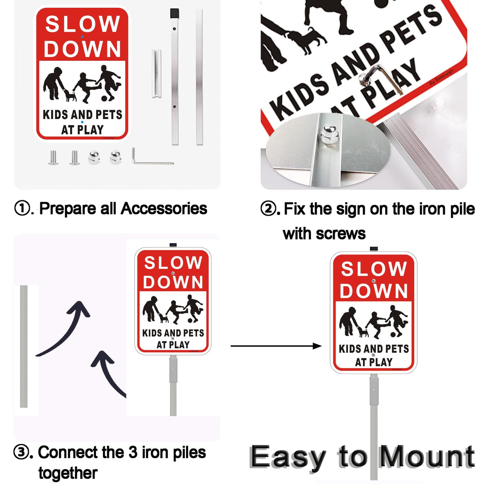 Slow Down Kids Pets at Play Sign Reflective Aluminum 10×14 Inch Stakes 2 PCS
