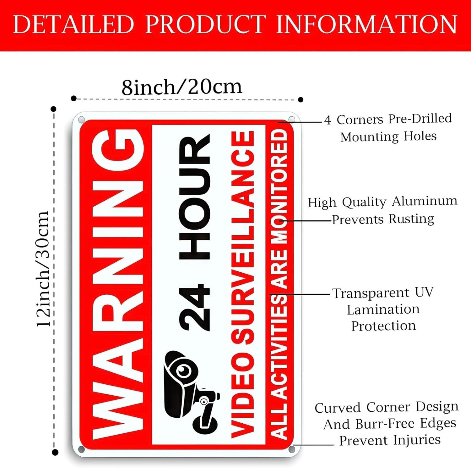 4 Pack Video Surveillance Signs, 8 x 12 Inch Aluminum Camera Signs, CCTV Secu…