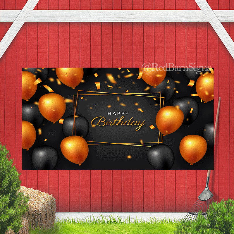 Happy birthday orange and black balloons banner