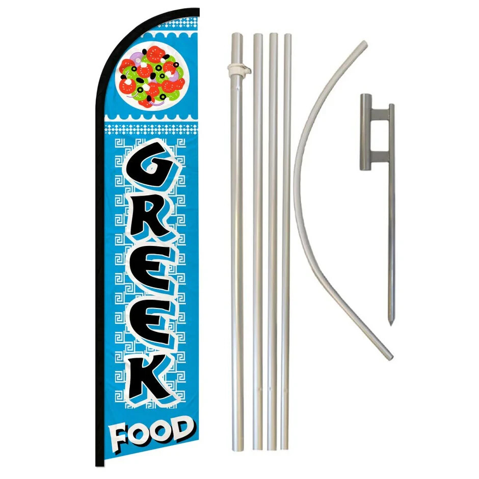 Greek Food Windless Full Curve Advertising Food Banner Flag & Pole Kit