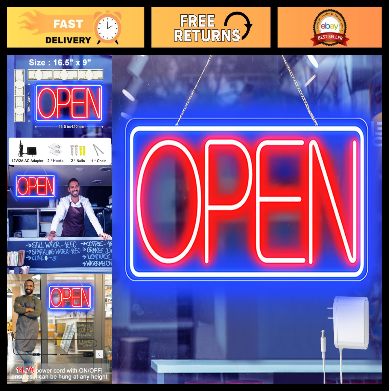 16.5″ X 9″ Ultra Bright LED Neon Open Sign – Plug-In Light for Bar, Salon, Cafe,