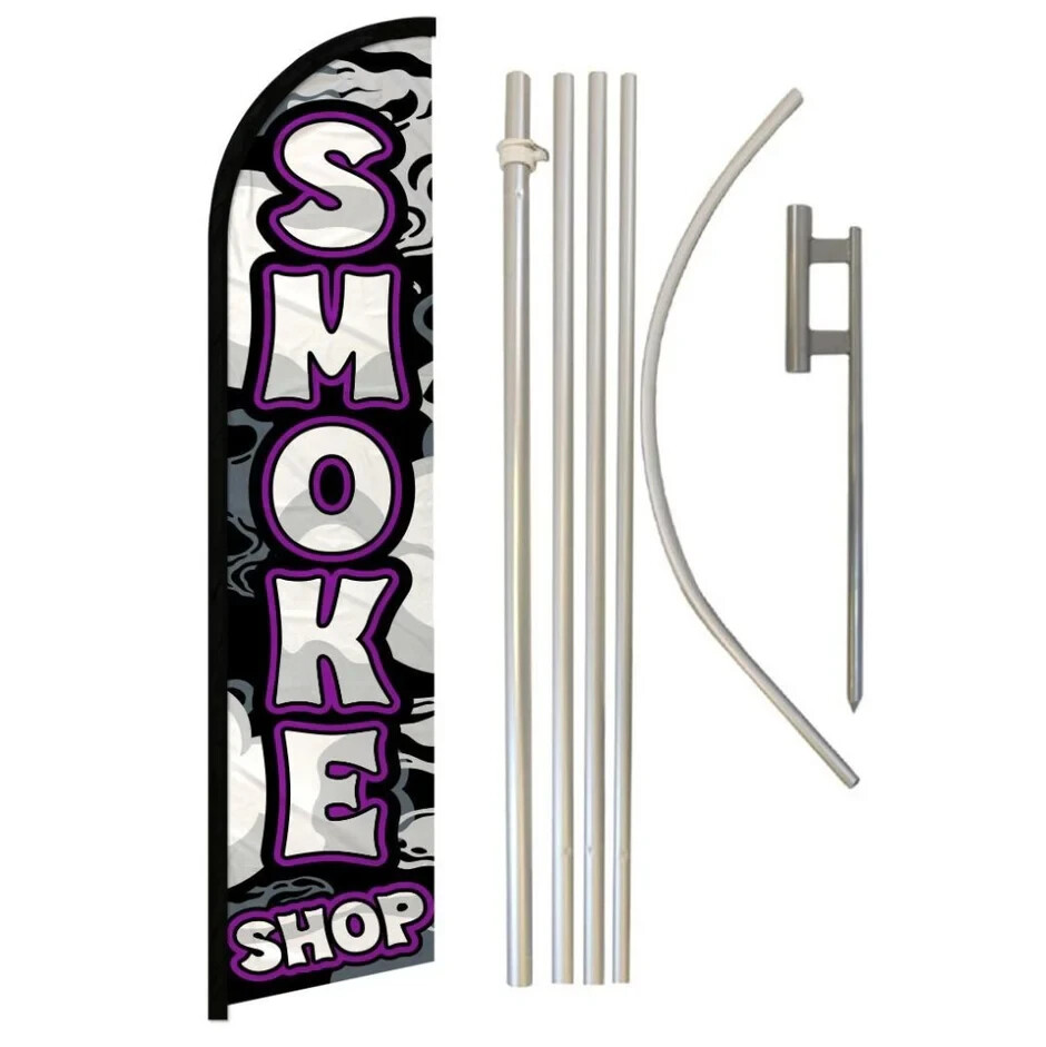 Smoke Shop Windless Advertising Banner Flag & Pole Kit (Purple)