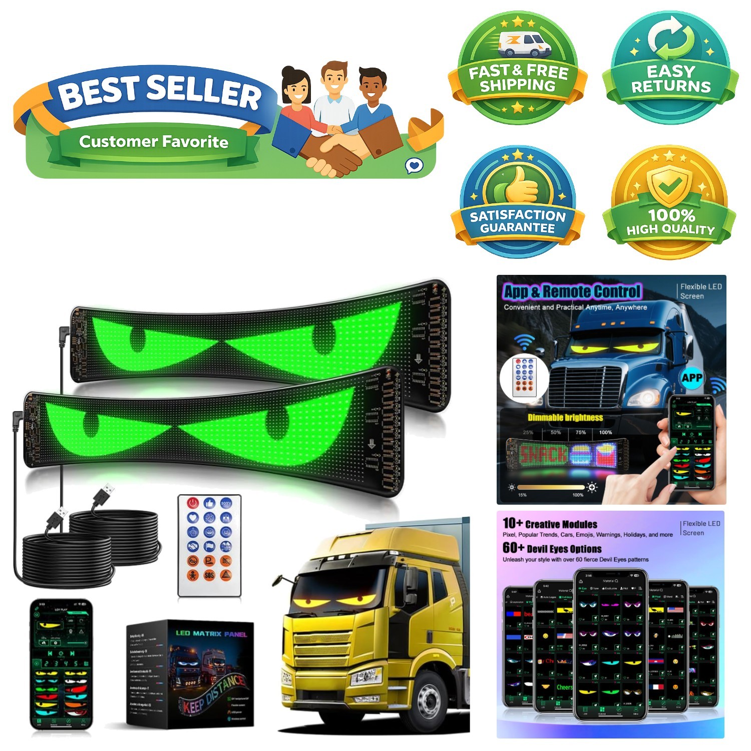 2-Pcs LED Devil Eyes for Car Windshield – Programmable & Customizable Displays