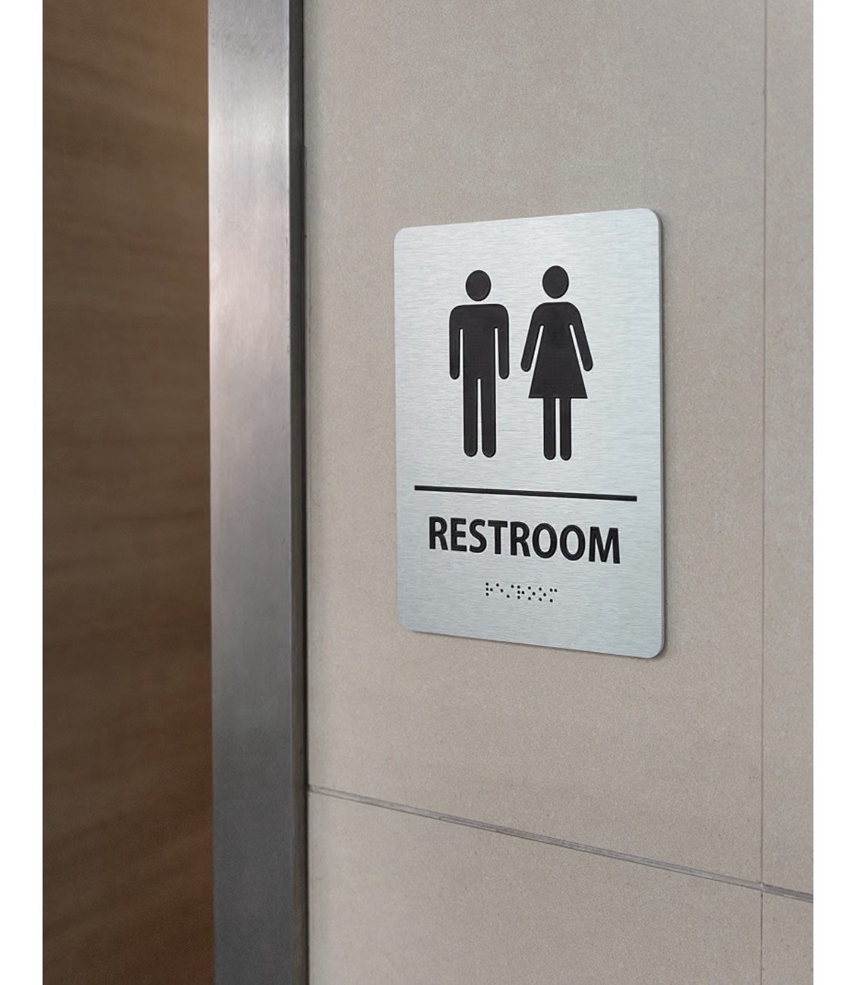 Unisex Restroom Sign with Braille, GDS Brushed Silver 8×6″ ADA Compliant New