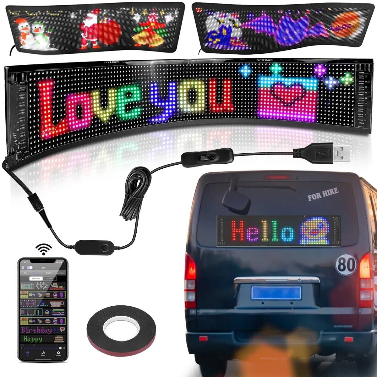 Scrolling LED Sign Matrix Panel Screen Bluetooth APP Control for Shop Bar Car US