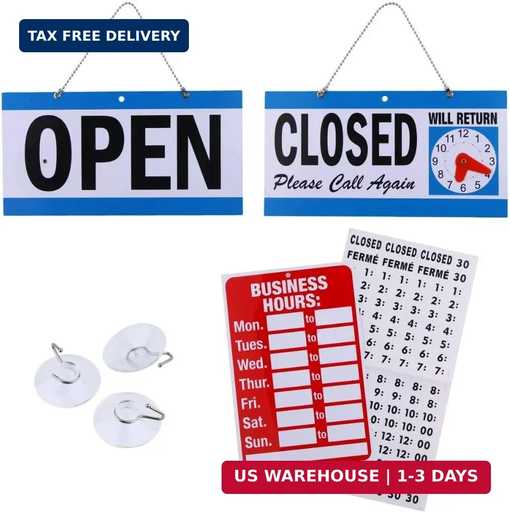 Open Signs for Business, Bundle of Office Hours Sign Will Return Clock with Suct