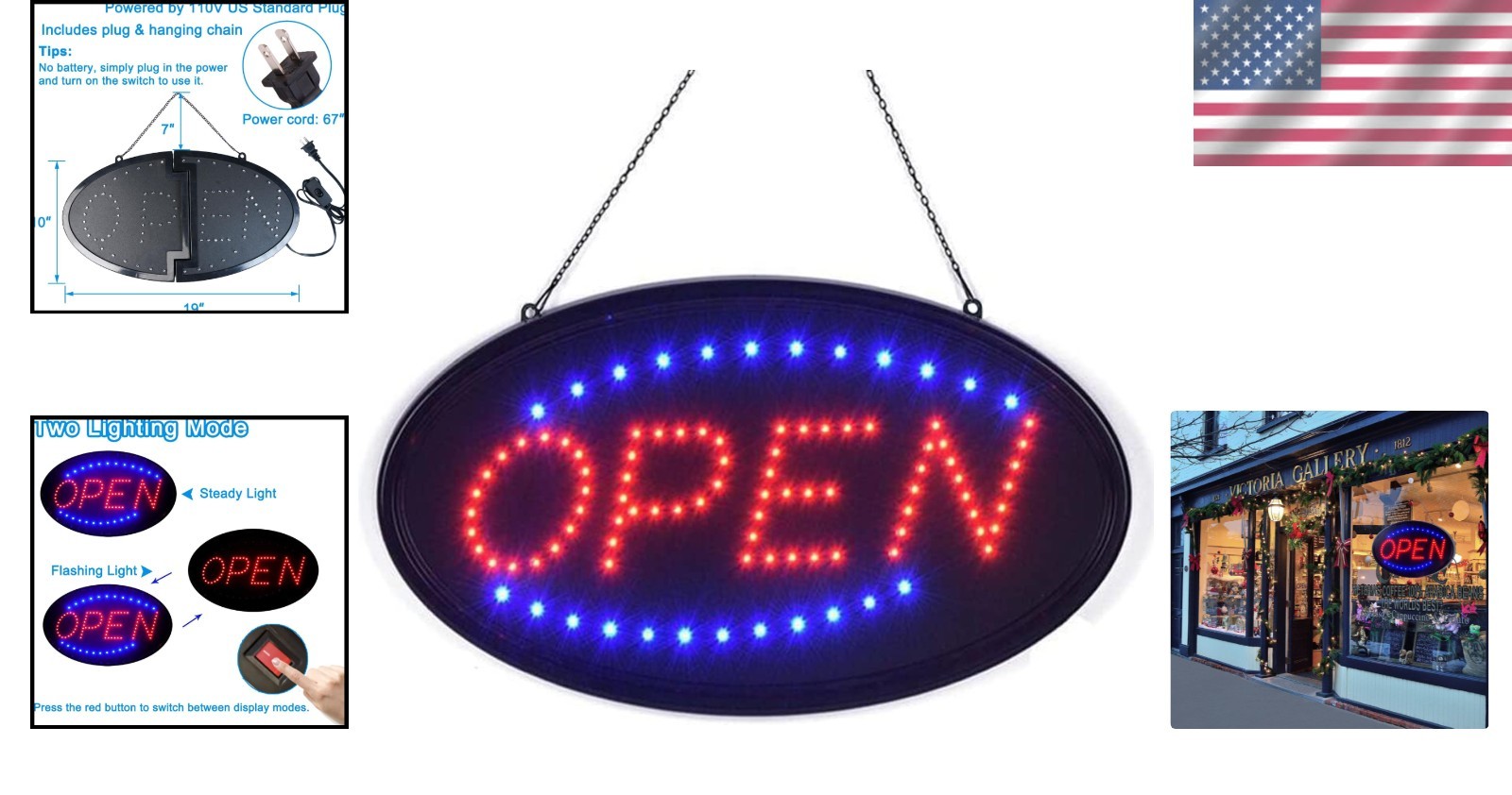 Stylish LED Open Sign, 19″x10″ – Flashing & Steady Modes for All Businesses