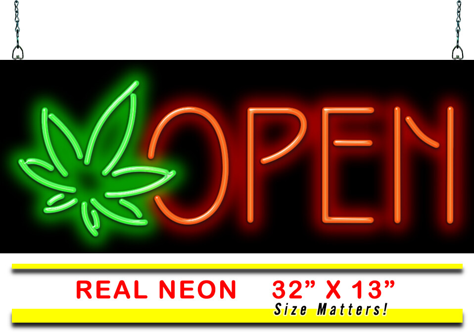 Pot Leaf Open Neon Sign – 32″ x 13″ – Real Green & Red Neon – Dispensary Signs