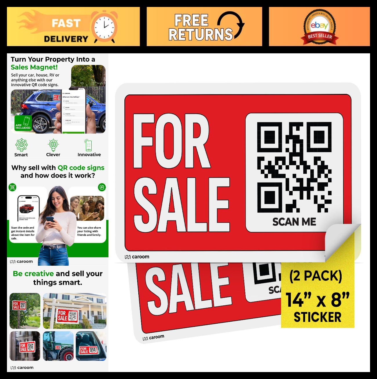14” x 8” Self-Adhesive Sale Signs – 2-Pack for Real Estate, Business & Vehicle