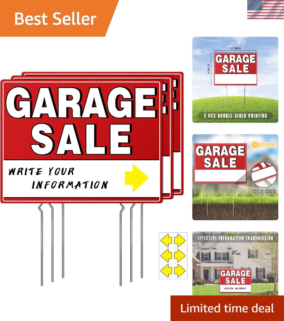 Garage Sale Signs with Stakes, 17″ x 13″ Double-Sided Yard Sale Sign with Arr…