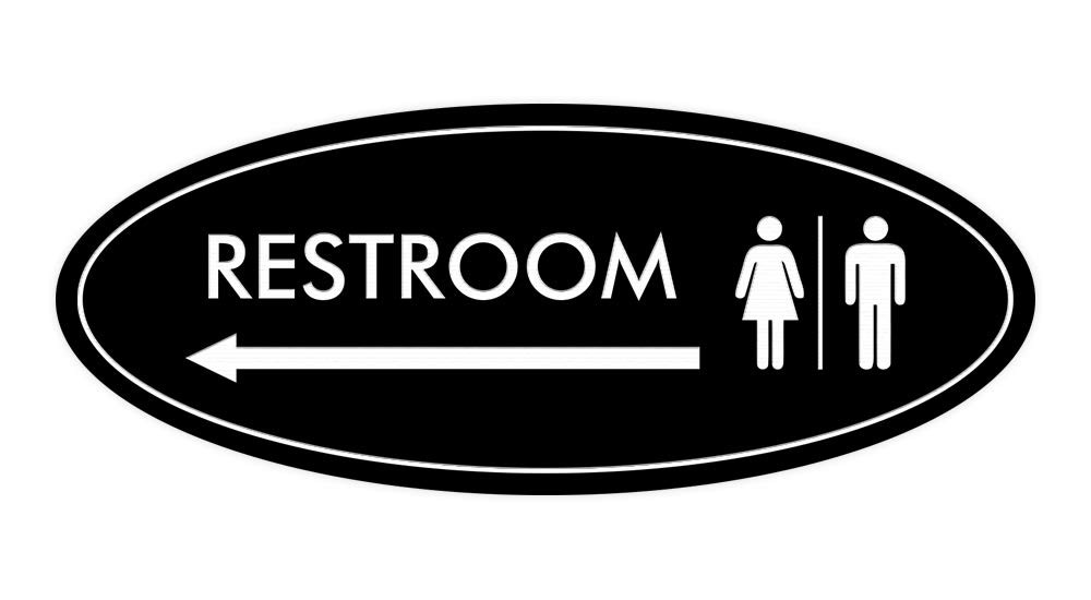 Oval RESTROOM LEFT ARROW Sign Black – Medium 1 Pack