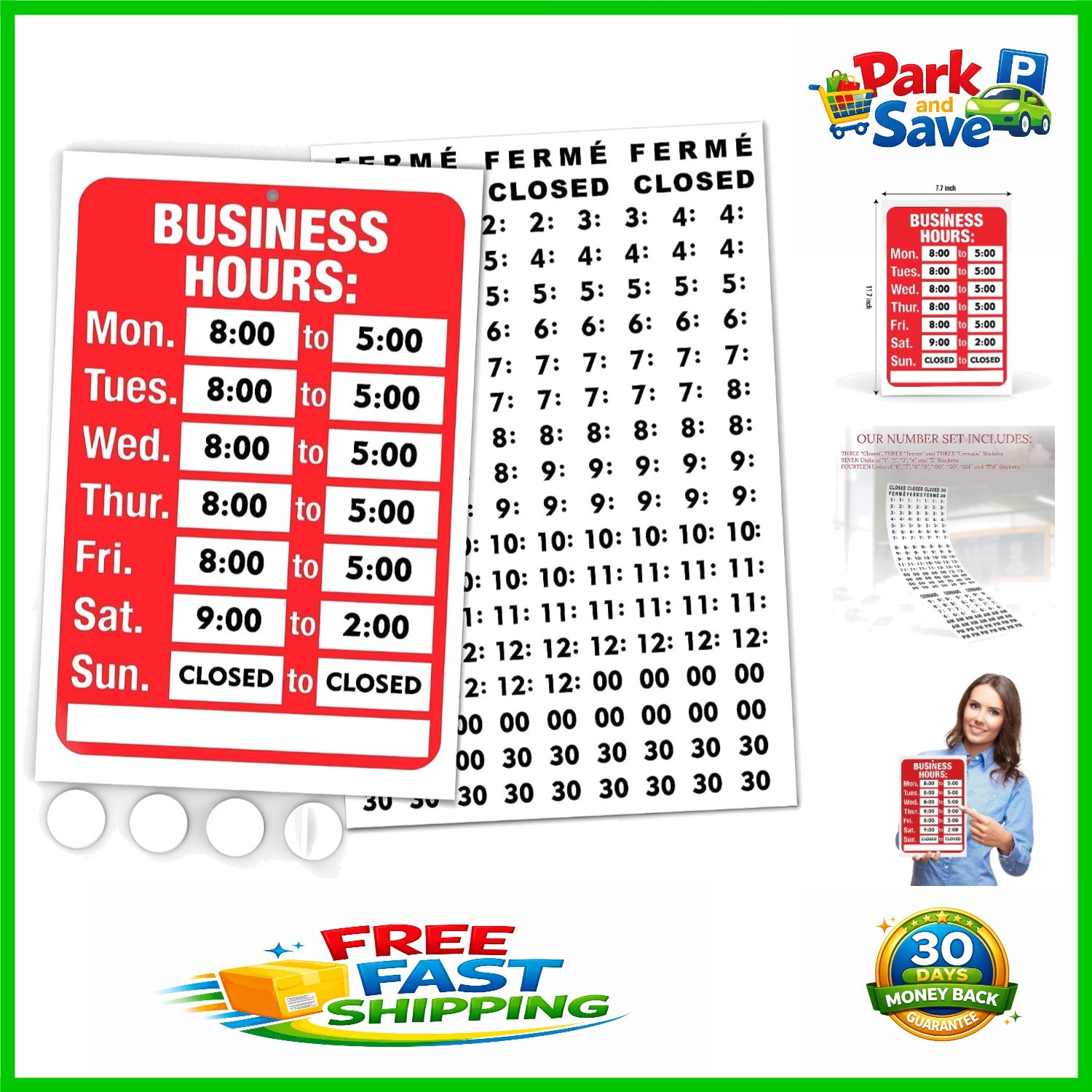 Durable Red and White Business Hours Sign with Adhesive Pads – 7.7×11.7 Inches