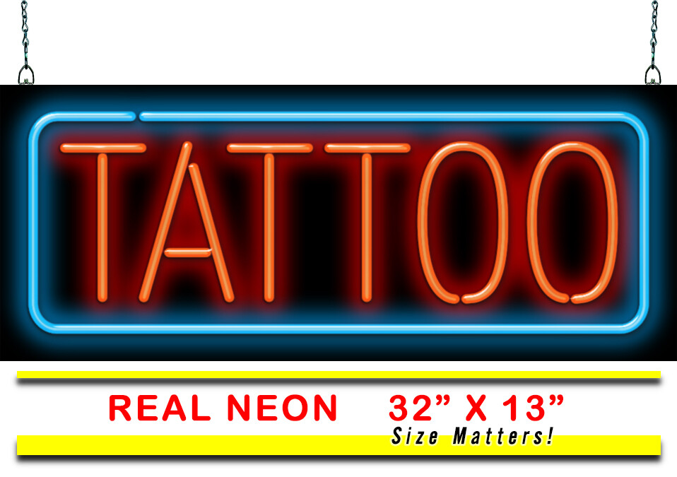 Large Tattoo Neon Sign – 32″w x 13″h – Bright, REAL Neon Attracts More Customers