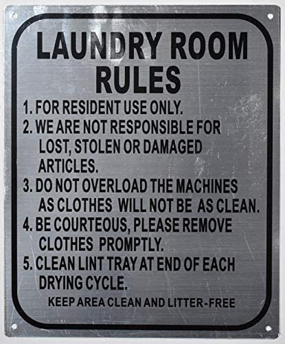 LAUNDRY ROOM RULES SIGN (10X12, BRUSH SILVER ALUMINUM)