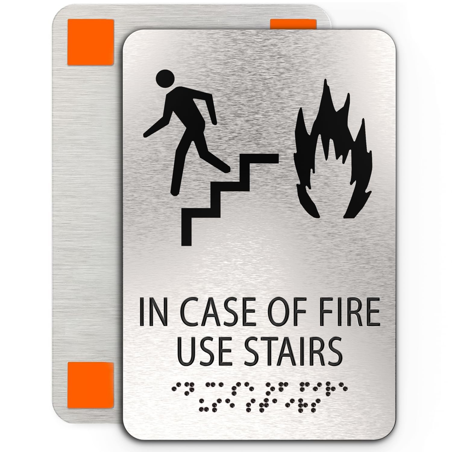 In Case Of Fire Use Stairs Sign ADA Compliant Brushed Silver 6×9 Inch Braille