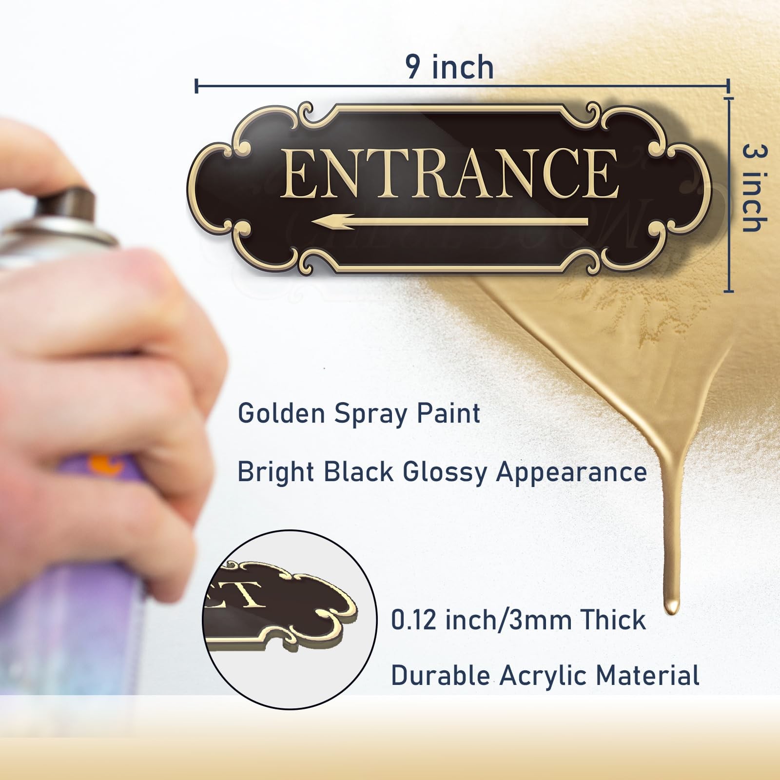 Entrance Sign with Left Arrow 9×3 Inch Acrylic Black Gold Self-Stick Wall