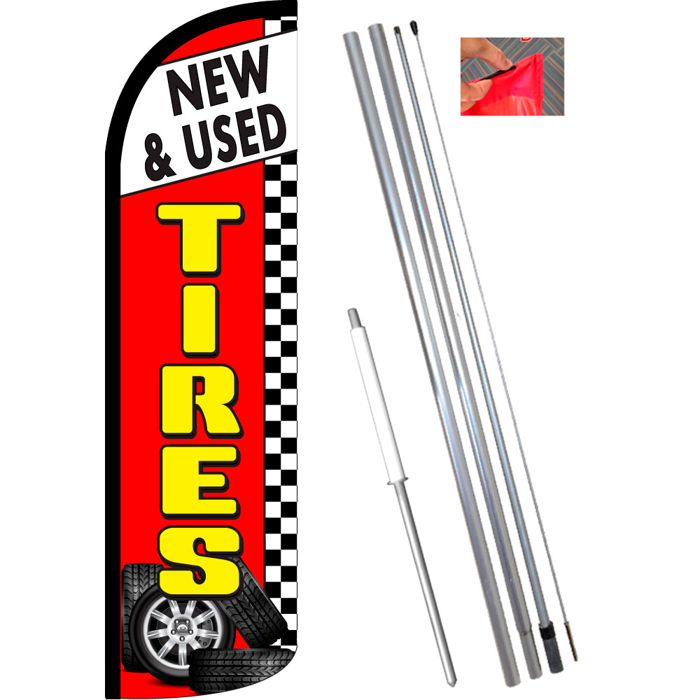 NEW & USED TIRES (Red/Checkered) Windless Feather Flag Bundle (Complete Kit) OR
