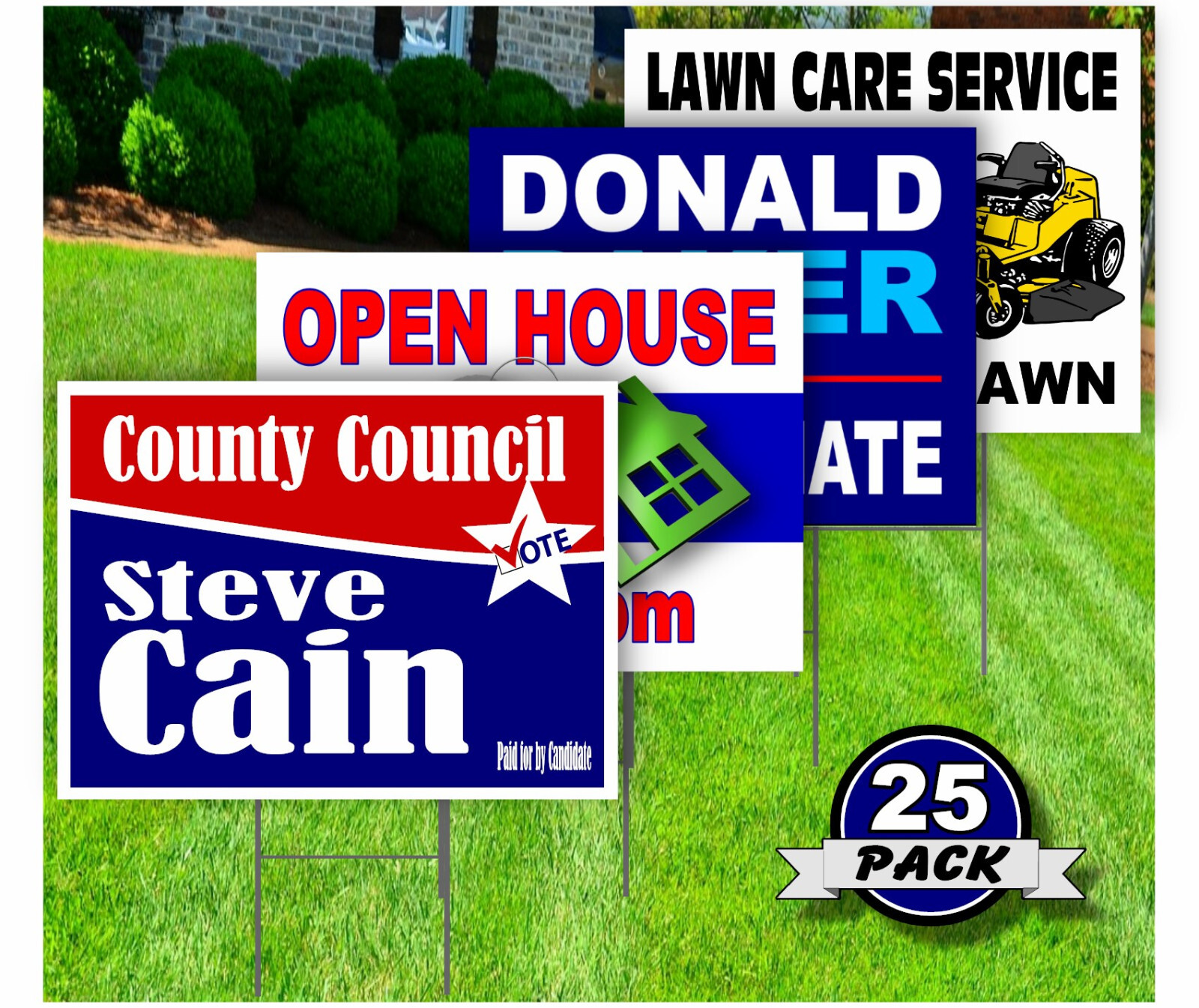 25 Pack – Custom Yard Signs-18×24-Full Color Design-Double Sided-Stakes Optional