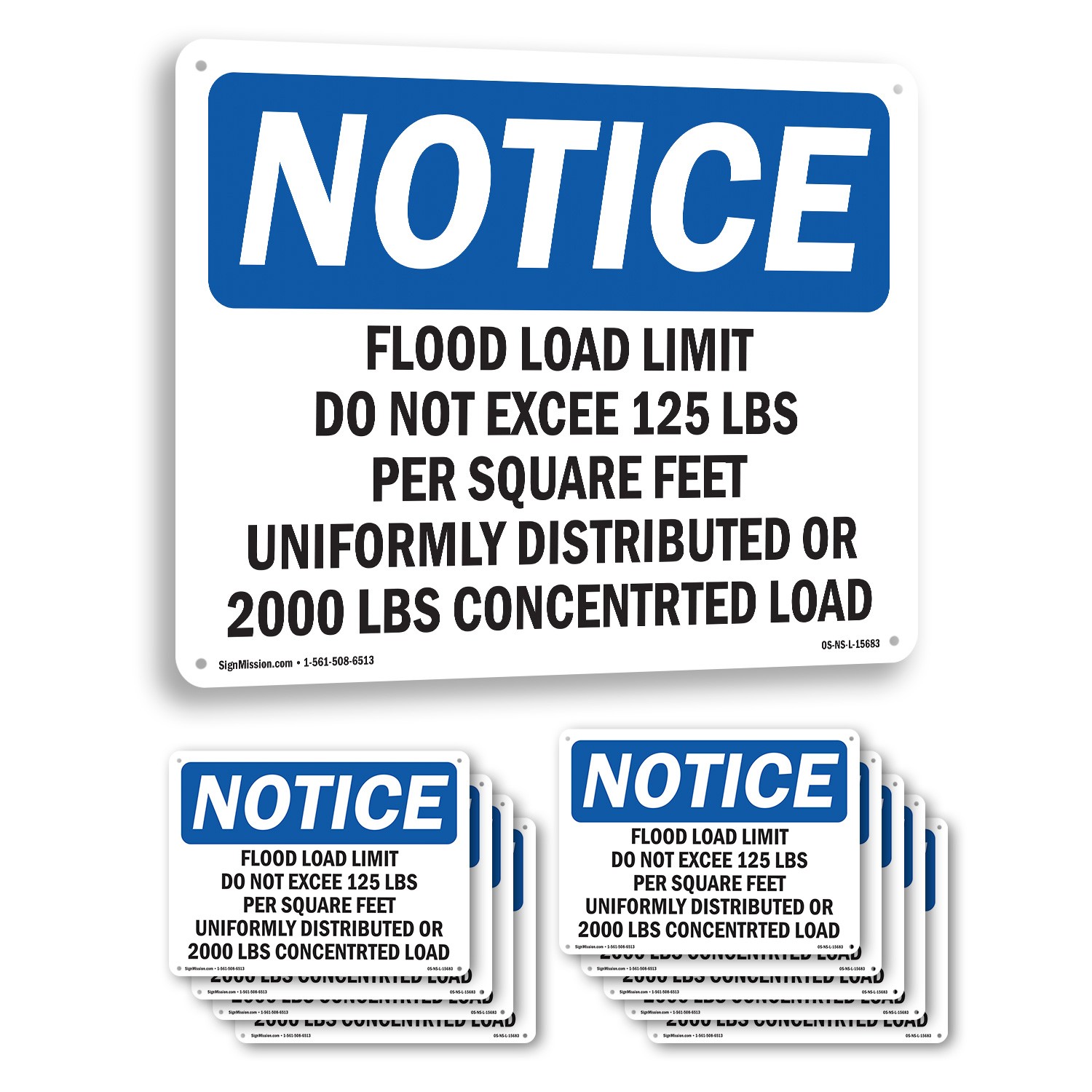 Floor Load Limit Do Not Exceed 125 OSHA Notice Sign Metal, Decal – 5 or 10 Pack