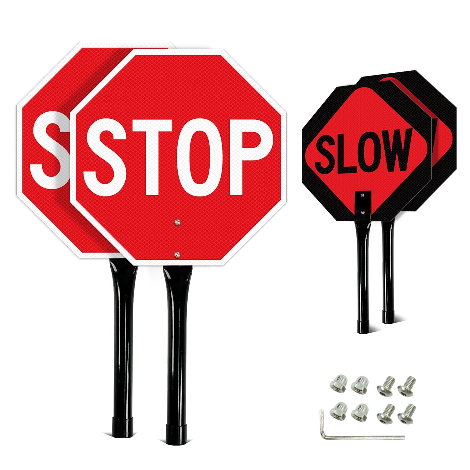 Stop Slow Sign with Metal Handle, 13×13 inches Double Sided Slow/Stop sign, T…