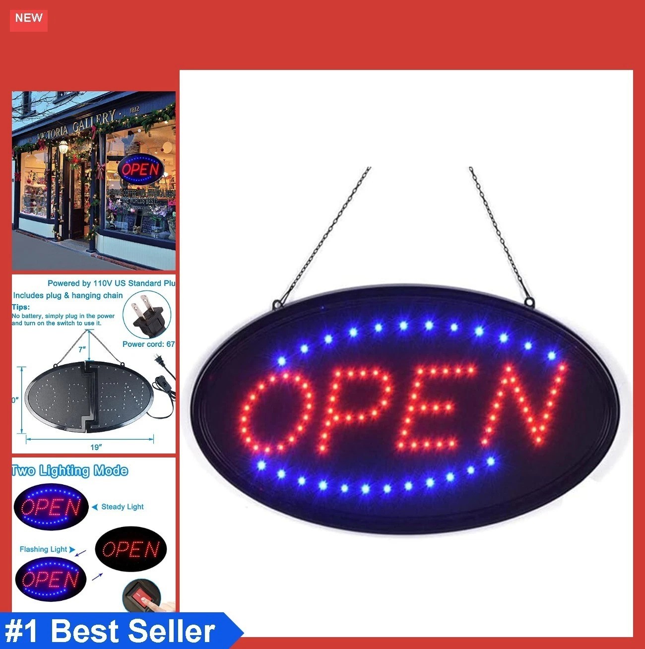LED Open Sign 19×10 Inch Hanging Window Display with Two Lighting Modes