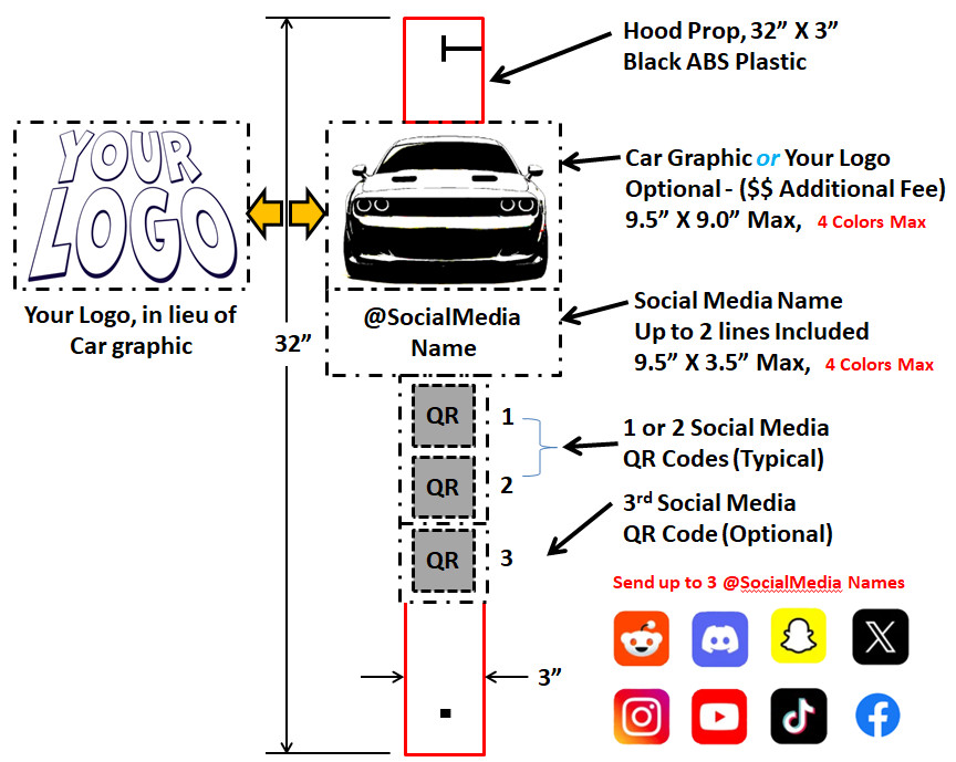 QR CODE HOOD PROP w/SOCIAL MEDIA LINKS – CAR SHOW, ABS PROP, 3D-PRINTED GRAPHICS