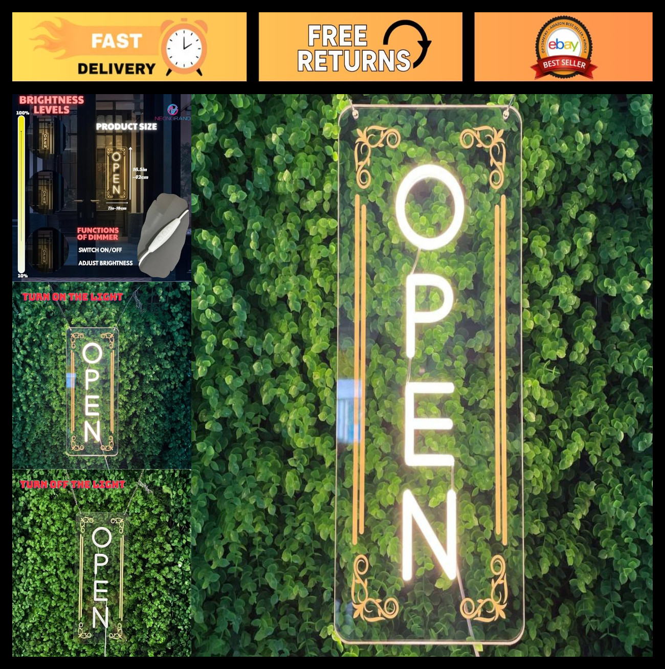 Outdoor Vertical LED Open Sign – UV Printed Neon Wall Light for Shop, Business U