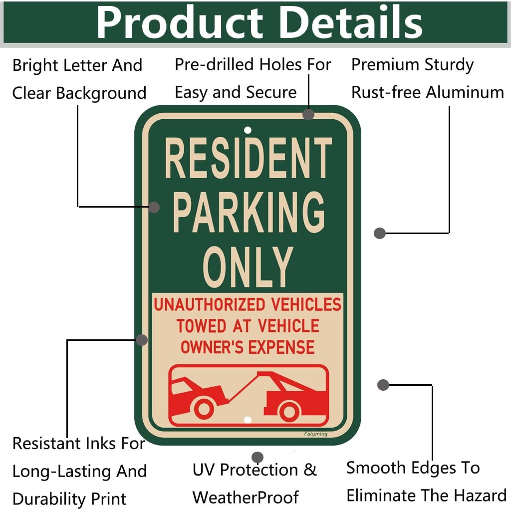 Resident Parking Only Unauthorized Towed Reflective Metal Sign 18×12 In 2 PCS