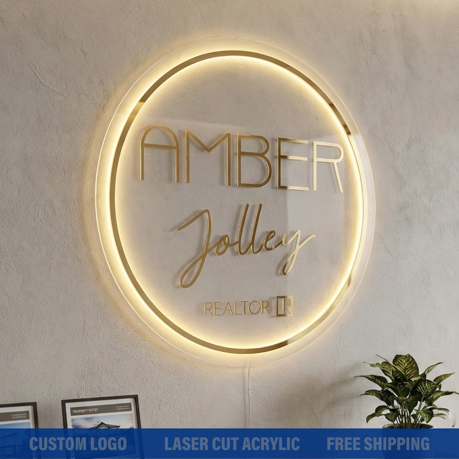 Custom Round Acrylic Logo Wall Sign LED Halo Backlit Mirror Finish