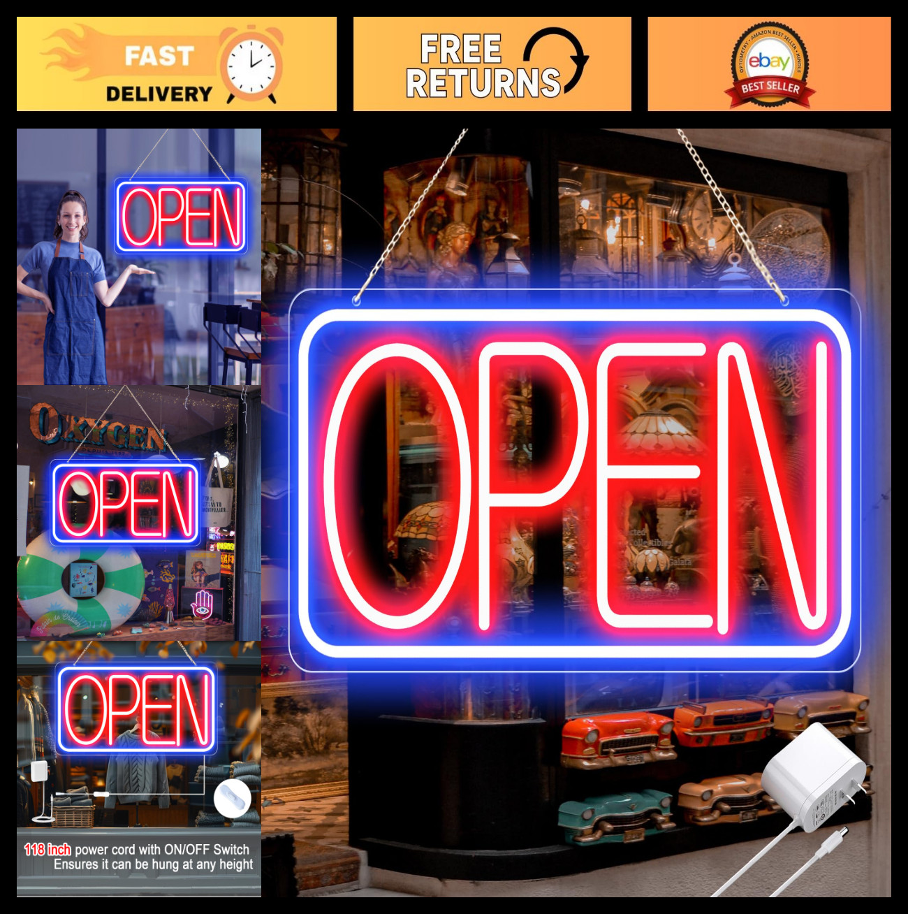 Ultra Bright 16.5″ x 9″ LED Neon Open Sign for Business – Plug-In Light Up Displ
