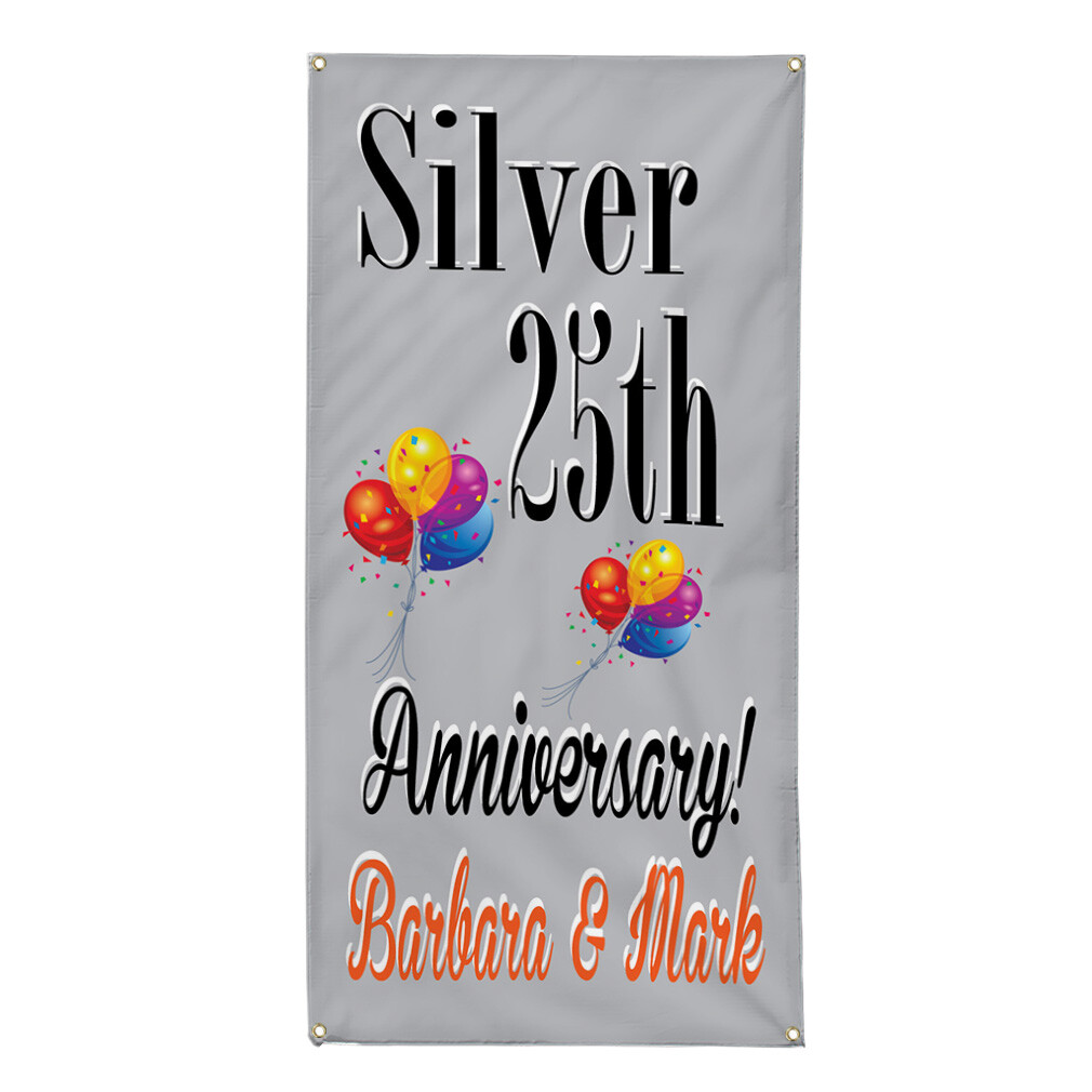 Vertical Vinyl Banner Multiple Sizes Happy 25Th Anniversary! Custom Names Silver