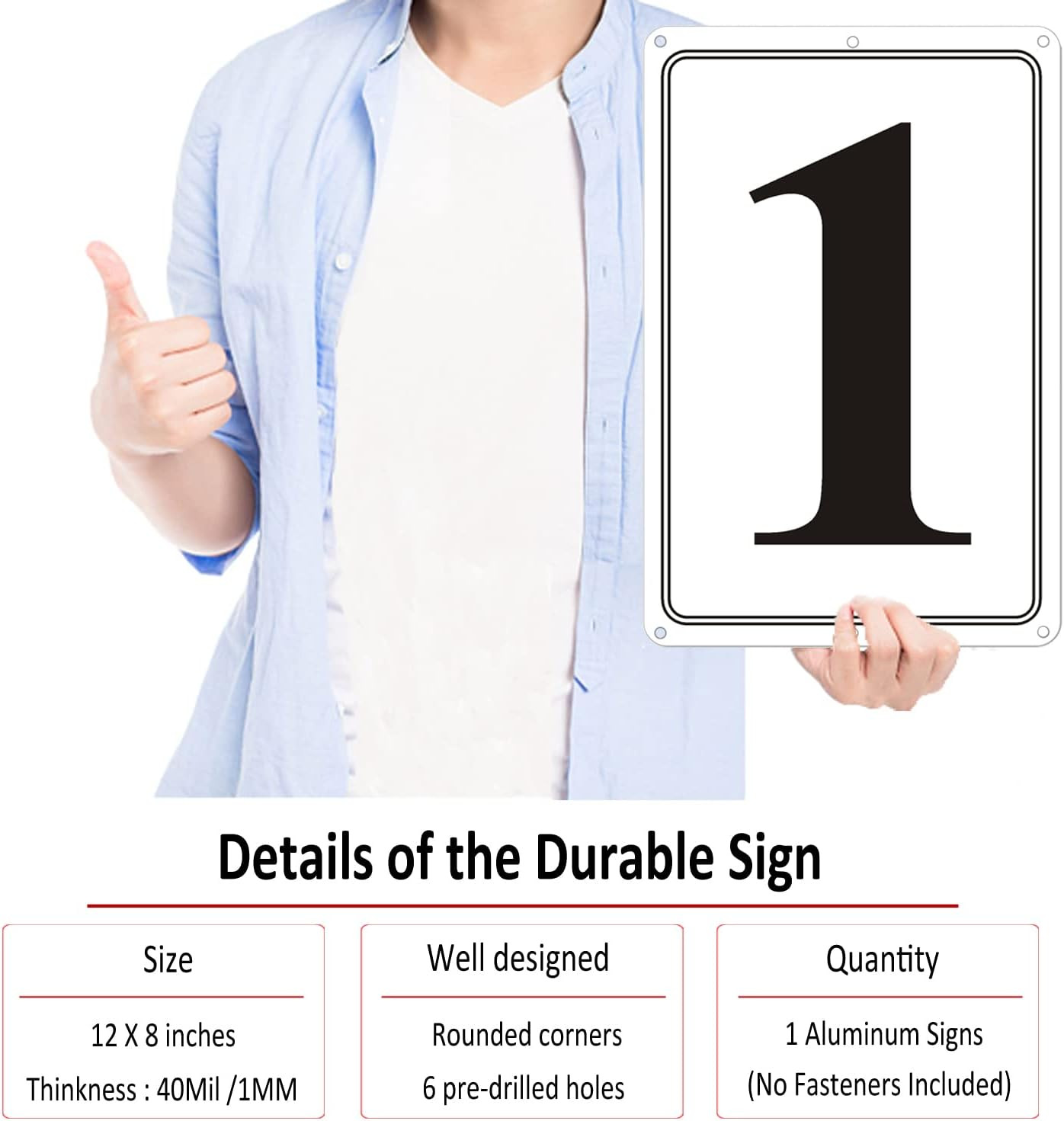 Premium Aluminum Number Signs 1, Metal 12″ X 8″ Numbered Signs Outdoor for Parki