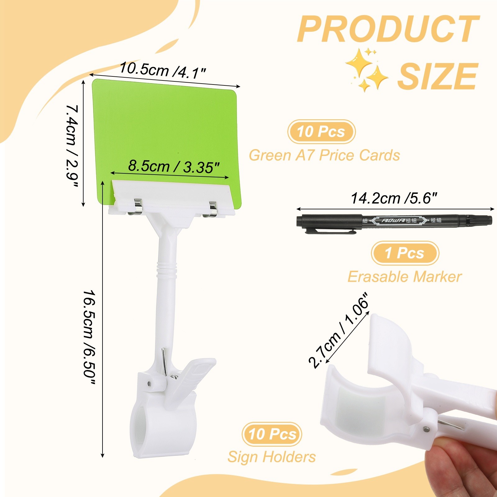 10 Pcs Sign Holders with Green A7 Plastic Cards & Erasable Marker, White