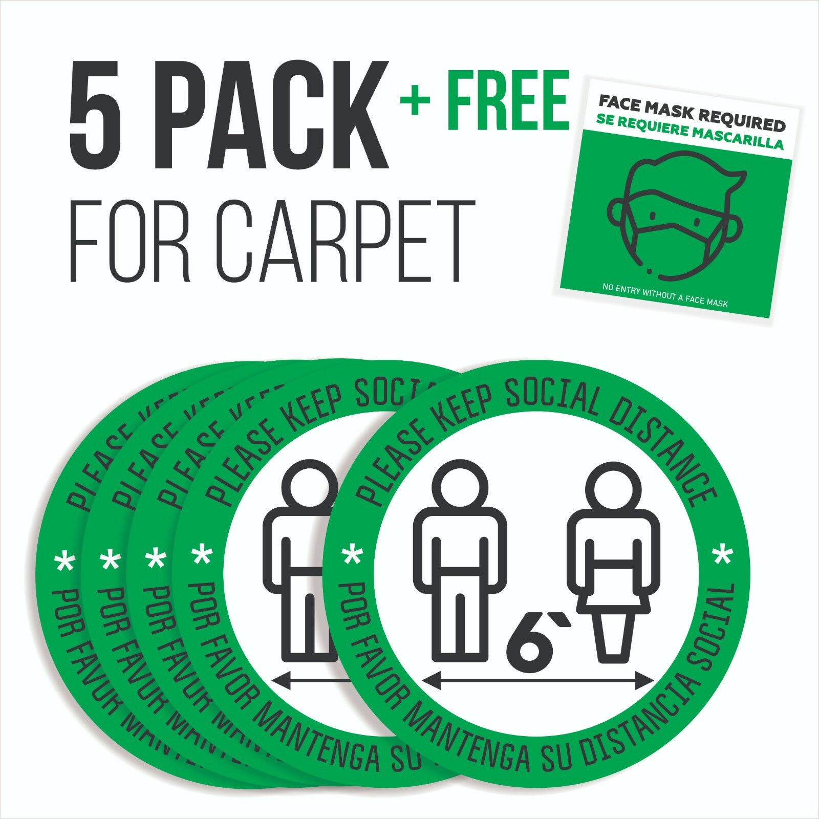 Social Distancing Floor Sign Carpet 5 Pack Plus Face Mask Window Decal Vinyl