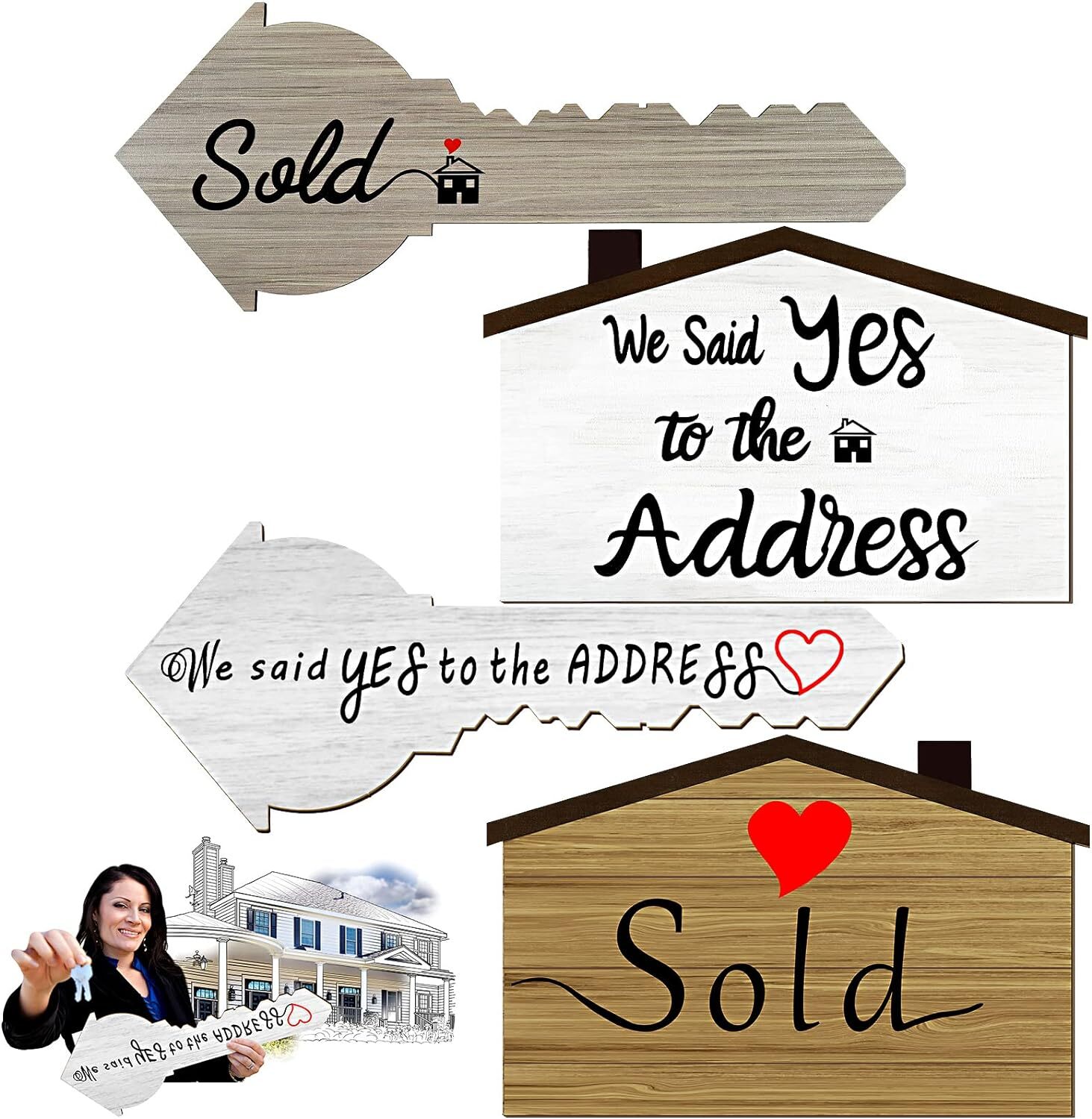 2 Pieces Real Estate Sold Signs, Wooden Double-Sided Social Media Photo Props,