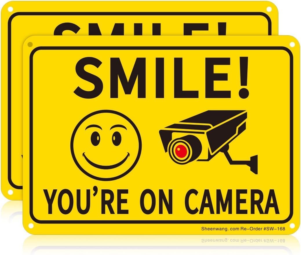 2-Pack Smile You’Re on Camera Sign, Video Surveillance Signs Outdoor, UV Printed