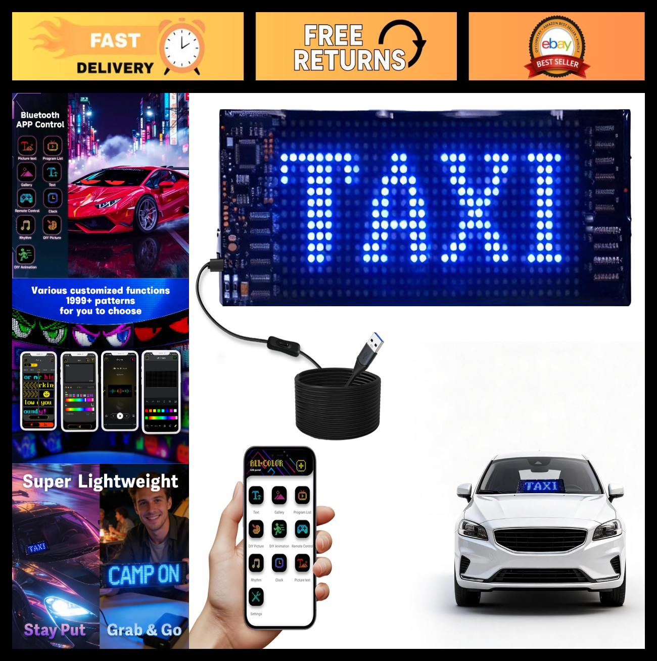 Programmable LED Car Sign 7”x3” Bluetooth App Control Scrolling Text Display f