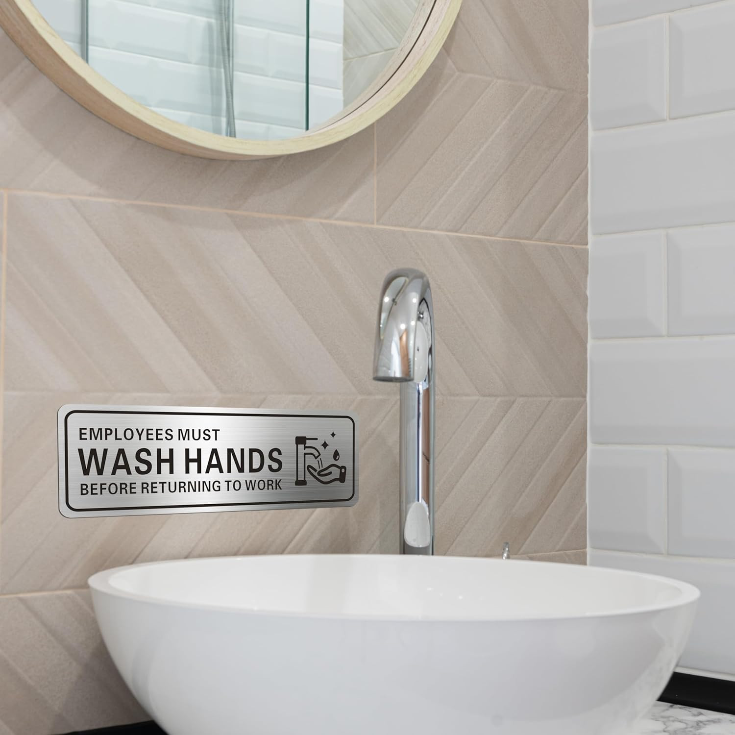 Metal Stainless Steel Employees Must Wash Hands Before Returning to Work Sign, W