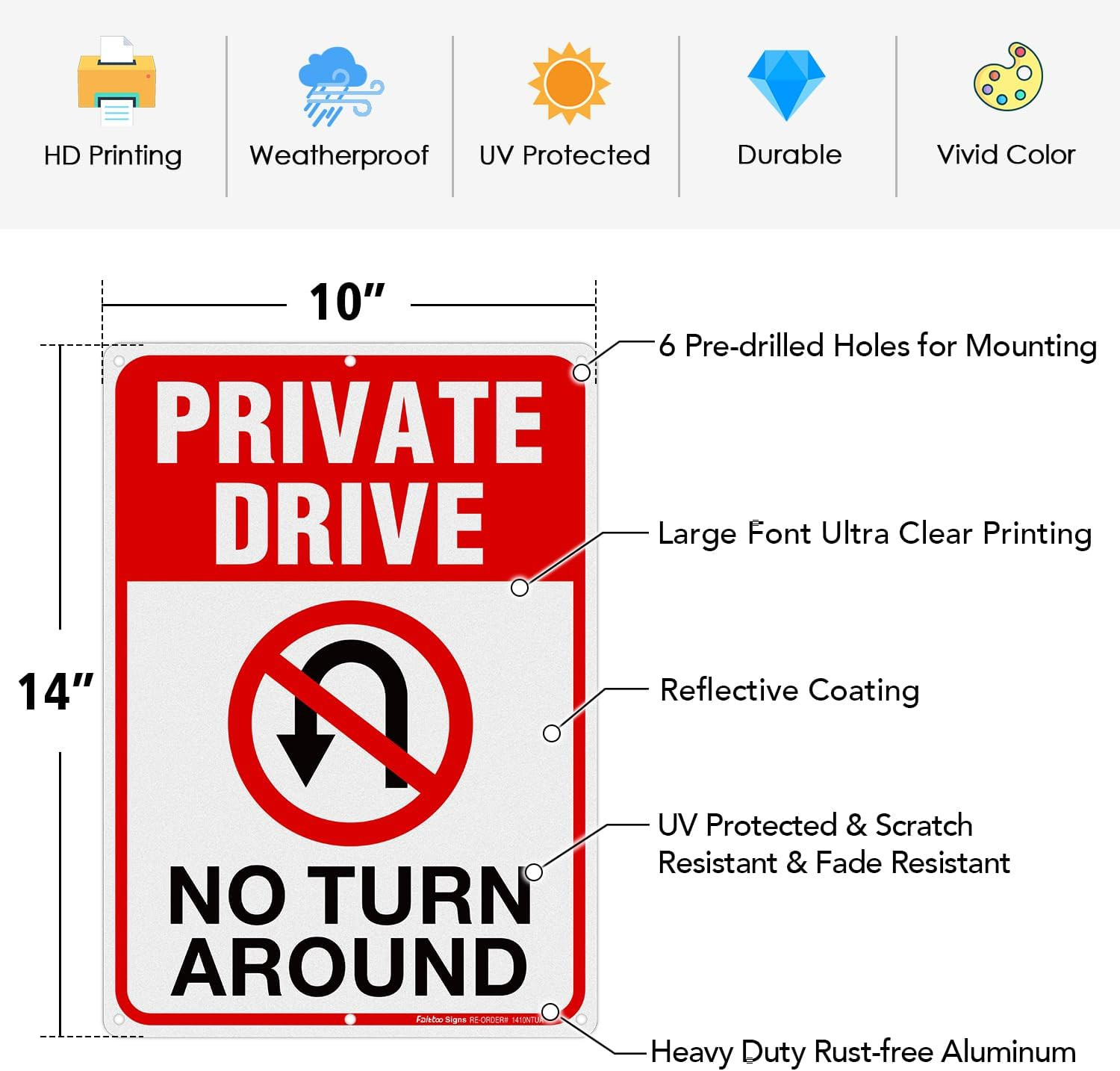 Private Drive Sign, No Turn around Sign, Driveway Signs No Turnaround,14X10 In,