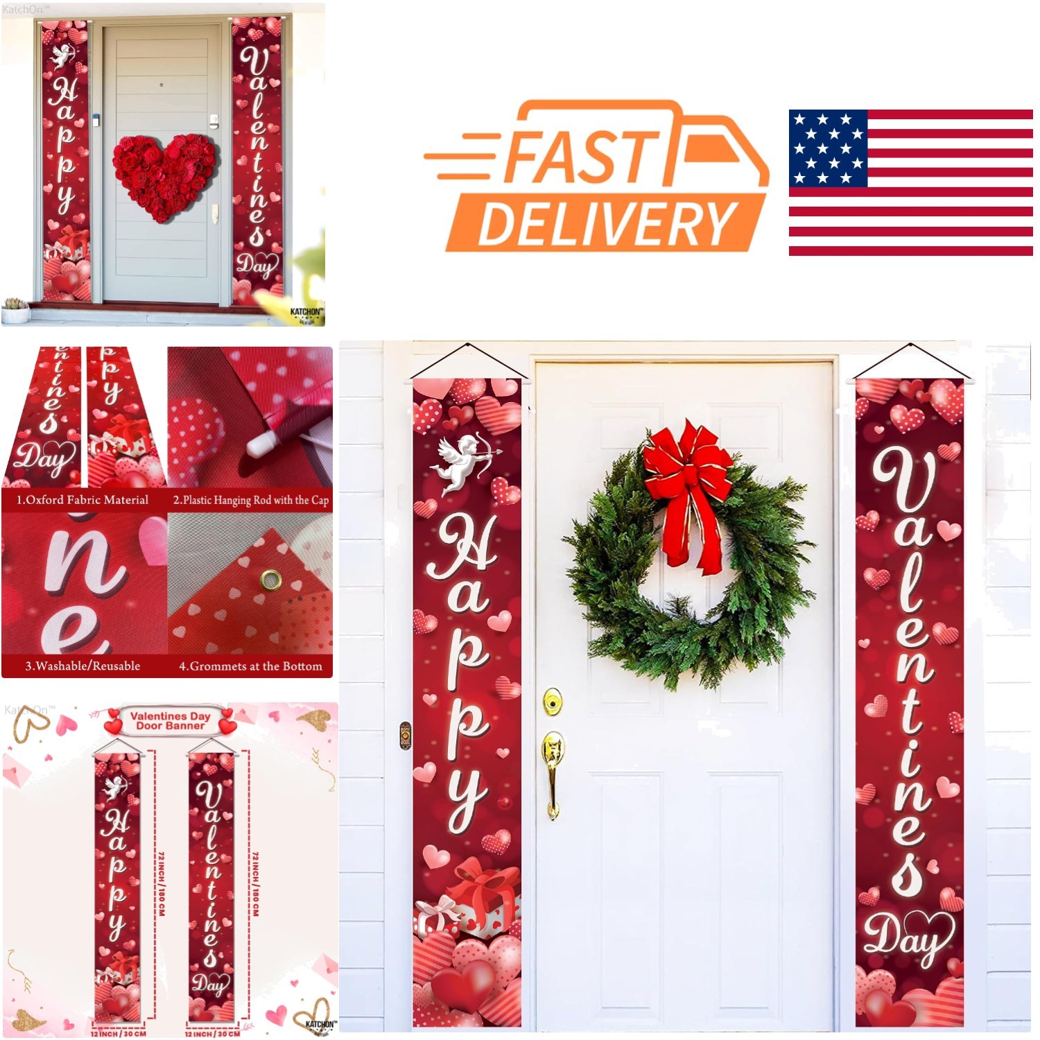 Happy Valentines Day Door Banner XtraLarge 72×12 Inch Red Oxford Fabric Outdoor
