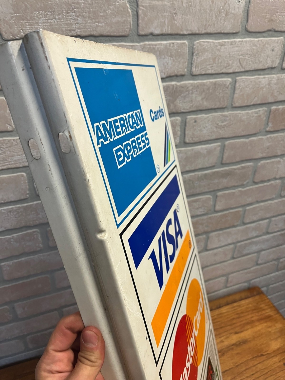 Vintage 1996 Visa Mastercard Credit Card Double Sided Flange Metal Sign