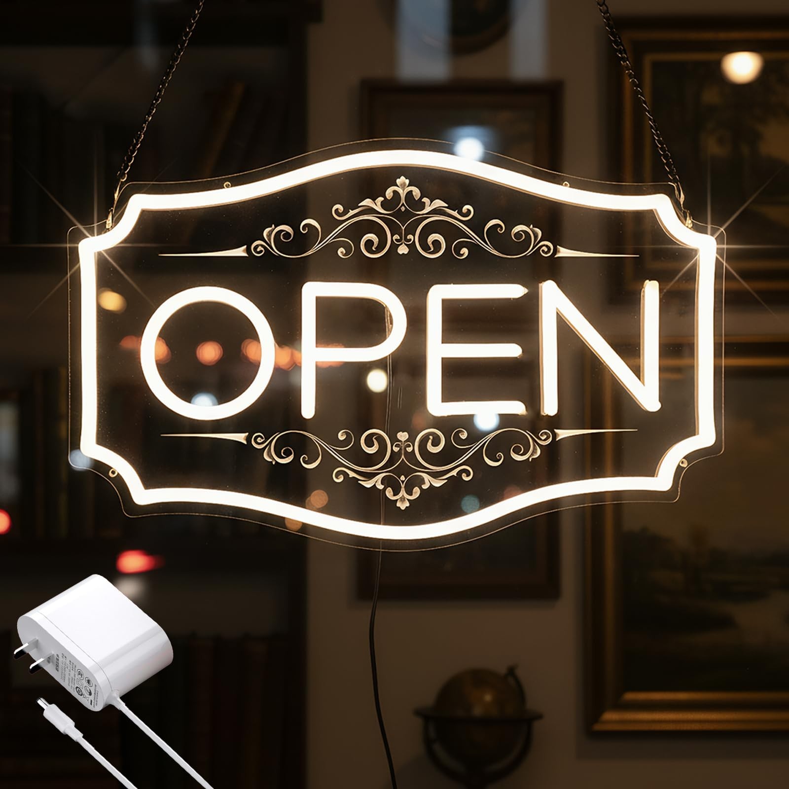 Dimmable LED Open Sign for Business – 16.5″x10.5″, Warm White Neon Light for Win