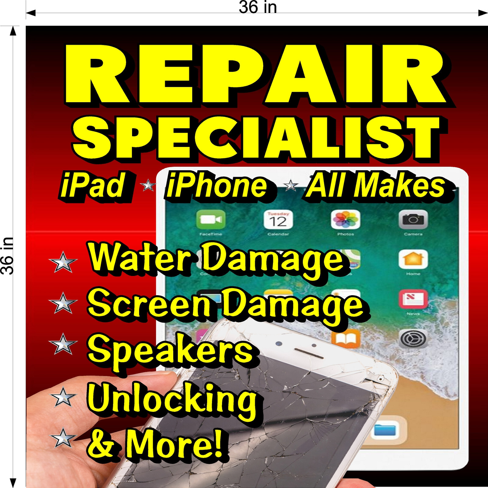 NEW! PERFORATED WINDOW VINYL DECAL 3′ X 3′ REPAIR SPECIALIST IPAD IPHONE