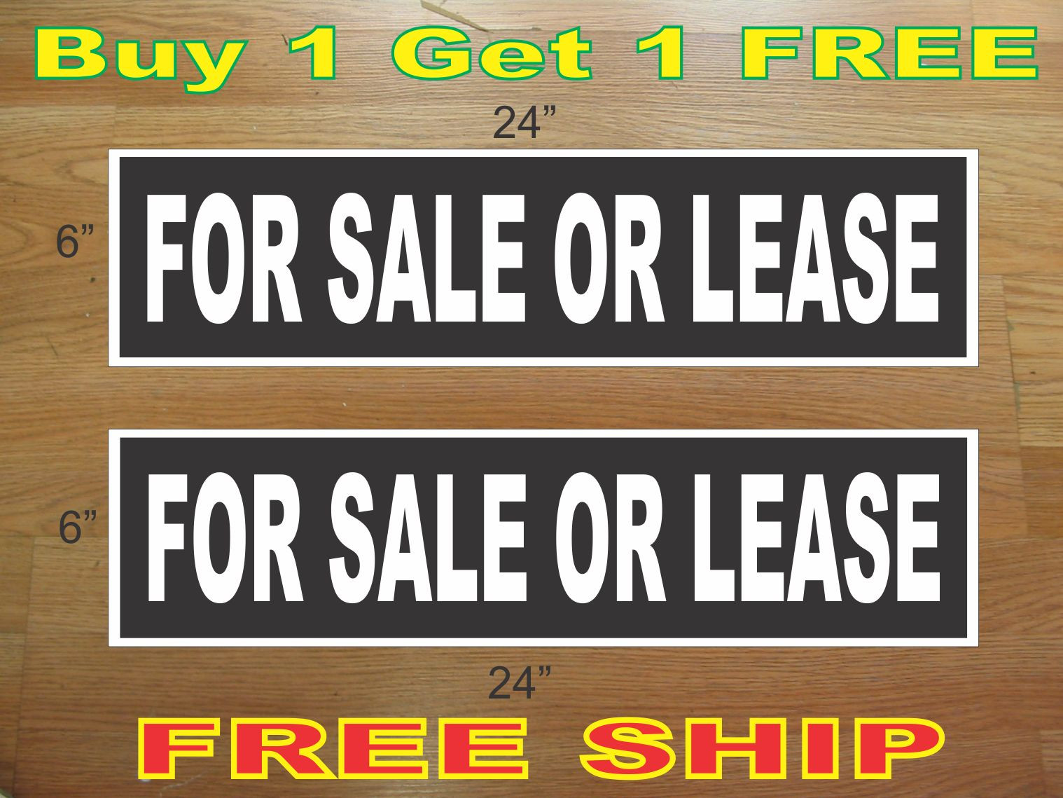 White on Black FOR SALE OR LEASE 6″x24″ REAL ESTATE RIDER SIGNS Buy 1 Get 1 FREE
