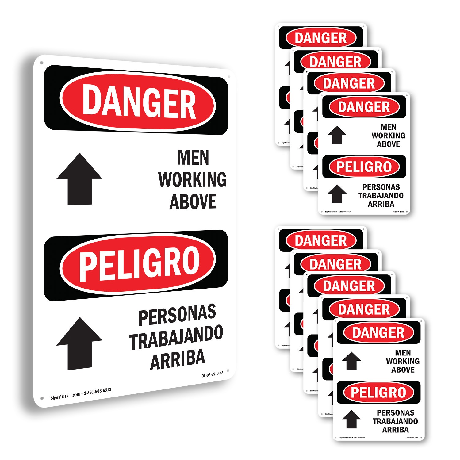 Men Working Above Bilingual OSHA Danger Sign Metal, Plastic, Decal 5 or 10 Pack