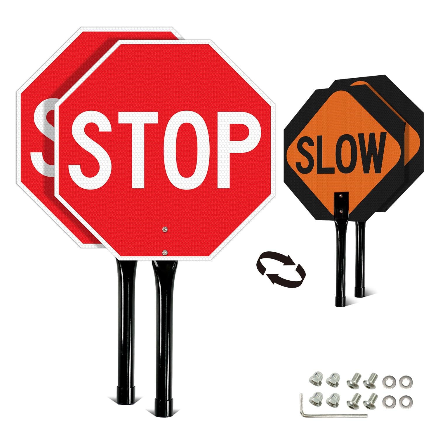2 PCS Stop Slow Sign Metal Handle Double Sided 13×13 Inch Red Orange Aluminum